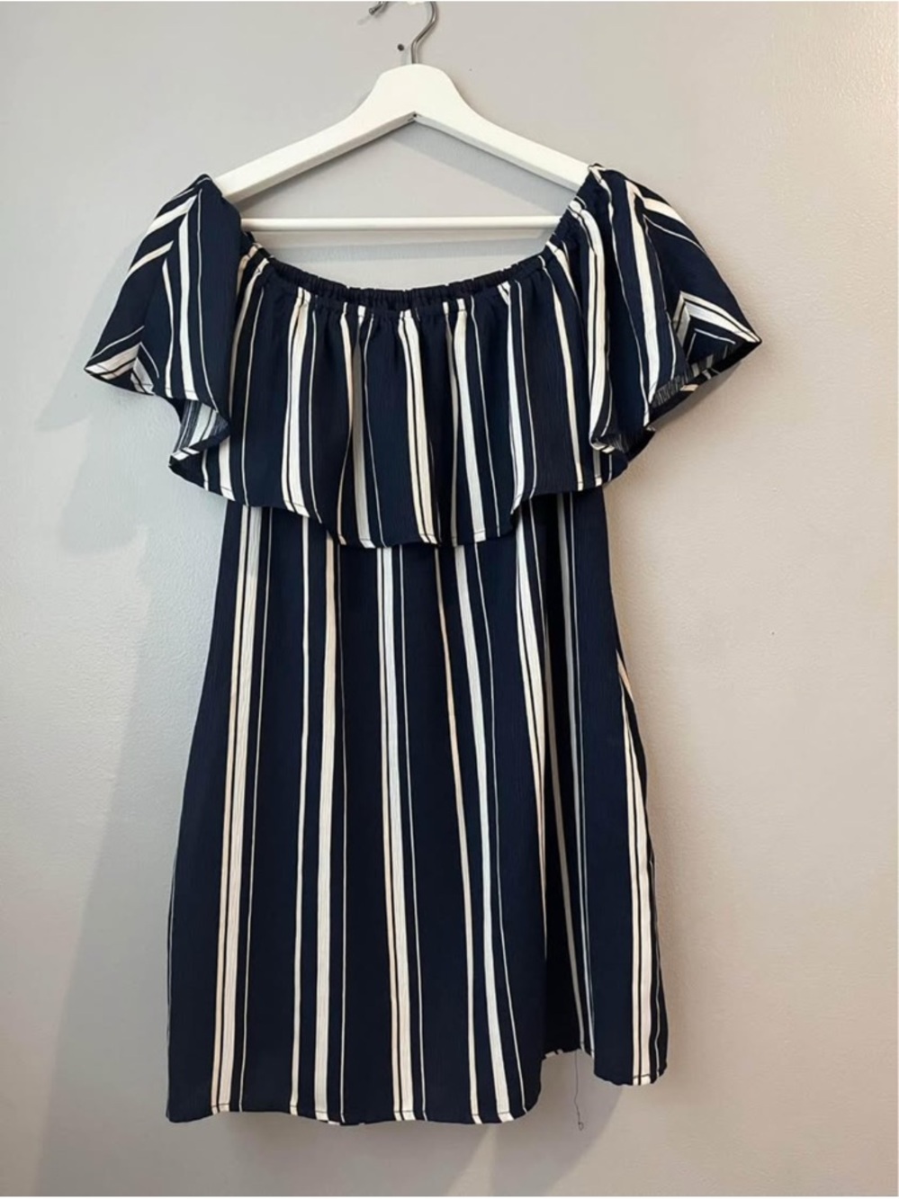 Forever 21 Navy and White Striped Off-Shoulder Dress